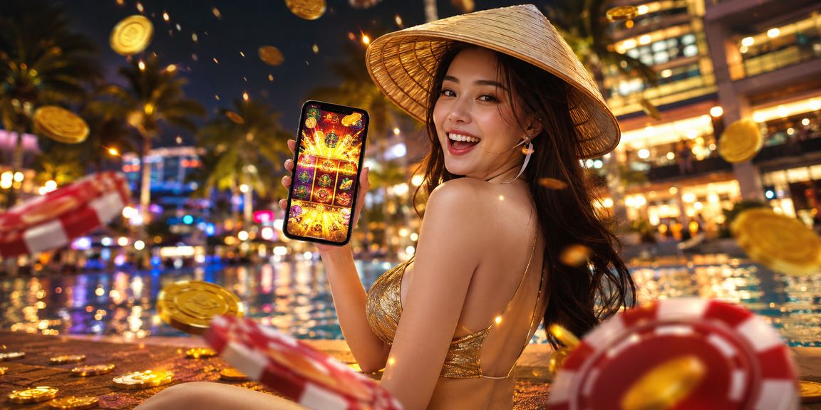 Người phụ nữ đội nón lá tại Phú Quốc trải nghiệm slot game trực tuyến bên bờ biển